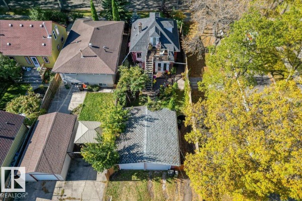 Top-down view of residential property showing a house, detached garage, and surrounding trees. - 11347 89 St Nw, Edmonton