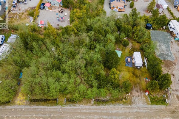 Top-down view of a green lot surrounded by trees and residential properties. - 1138 Fifth Ave, Ucluelet