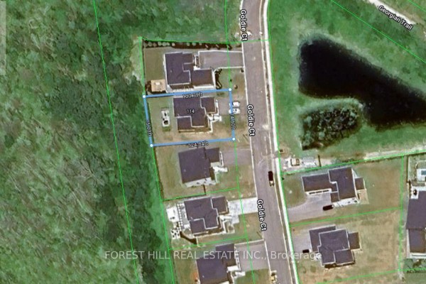 Aerial view of 114 Goldie Court property boundaries with adjacent homes and a pond. - 114 Goldie Court, Blue Mountains
