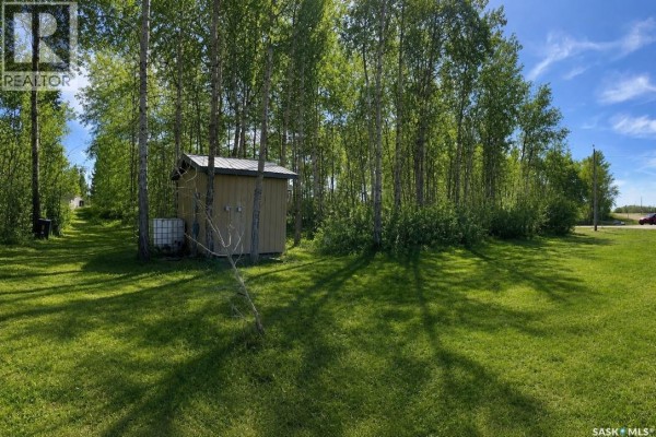 A treed lot with leafless trees, a shed, and water tanks with a field in the distance. - 114 James Street, Good Spirit Lake