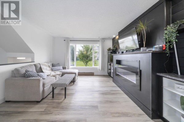 Living room featuring a sectional sofa, fireplace, and a window with a view of a backyard tree. - 114 Romkey Drive, Eastern Passage