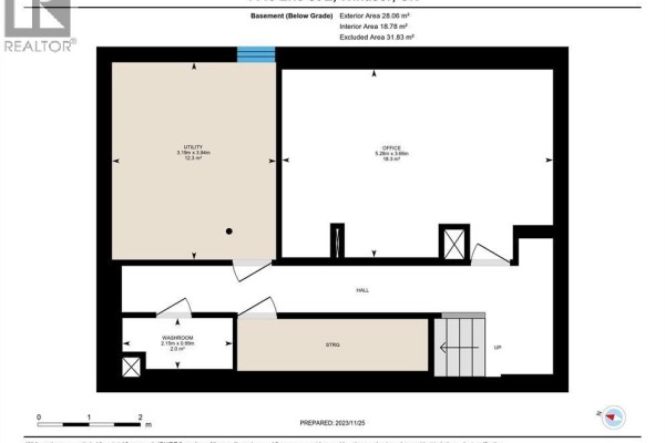 Basement floor plan showing utility, washroom, hall, and office space. - 1145 Erie Street East, Windsor