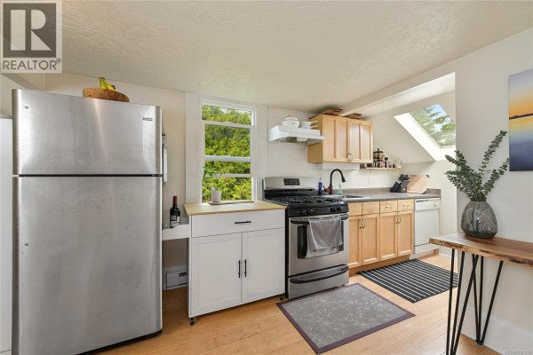 Kitchen with stainless steel appliances, wood cabinets, and a window overlooking trees. - 1150 Dallas Rd, Victoria