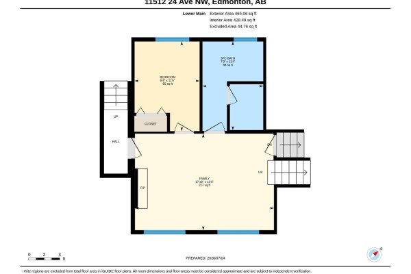 Lower main floor plan featuring a family room, bedroom, closet, hall, and two three-piece baths. - 11512 24 Av Nw, Edmonton