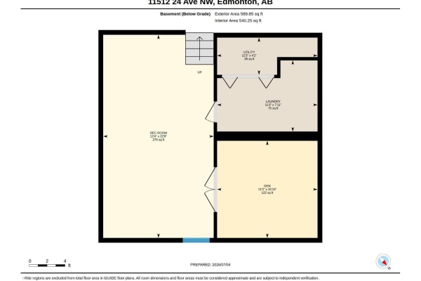 Basement floor plan with a large bedroom, den, utility room, and laundry area. - 11512 24 Av Nw, Edmonton