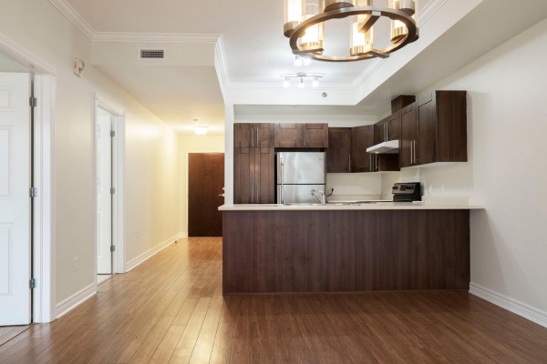 Open concept living area showing a dark wood kitchen and entrance hallway. - 1160 Ch. D'aylmer, #202, Gatineau