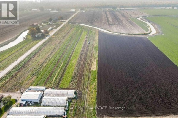 Overhead view of a farm with greenhouses, fields of crops, and tractors. - 1160 River Rd Road, Bradford West Gwillimbury