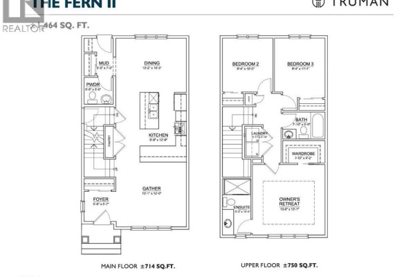 Floor plan for a two-story duplex with main floor living, dining, kitchen, and upper floor bedrooms. - 1170 Bridgeport Boulevard, Chestermere