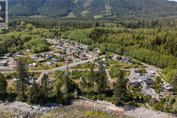 Aerial view of a section of the property with dense green bushes and a gravel path. - 1174 Front St, Ucluelet