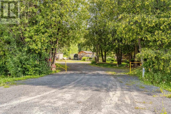 Gravel driveway with yellow gates leading into a wooded property with outbuildings. - 1184 Derry Side Road, Beckwith