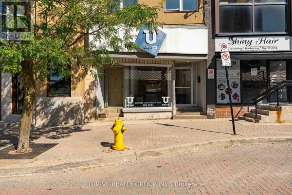 Street level view of a salon with a yellow fire hydrant in front on a sidewalk. - 119 Dundas Street, London East
