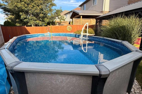 An oval-shaped above-ground swimming pool with blue liner and a white ladder, surrounded by wood fencing. - 1197 Cardinal Road, London South