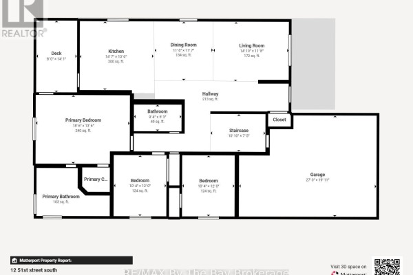 Floor plan of a house with primary bedroom, two bedrooms, bathrooms, kitchen, living, dining, and garage. - 12 51 Street S, Wasaga Beach