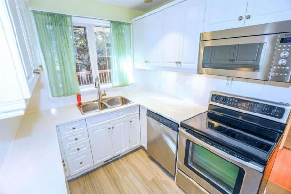 Kitchen with white cabinets, stainless steel appliances, and a double sink. - 12 Barberry Road, Winnipeg