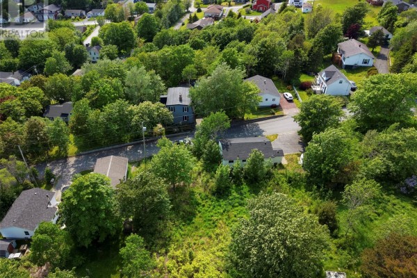 Aerial view looking down on a suburban neighborhood with houses and mature trees. - 12 Bemisters Hill, Carbonear