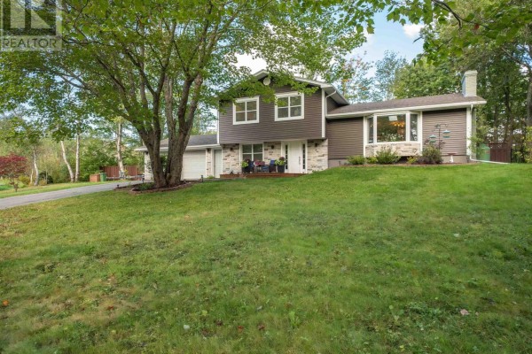 Side view of the house from the front lawn, showing the garage and upper windows. - 12 Birch Hill Drive, Stellarton