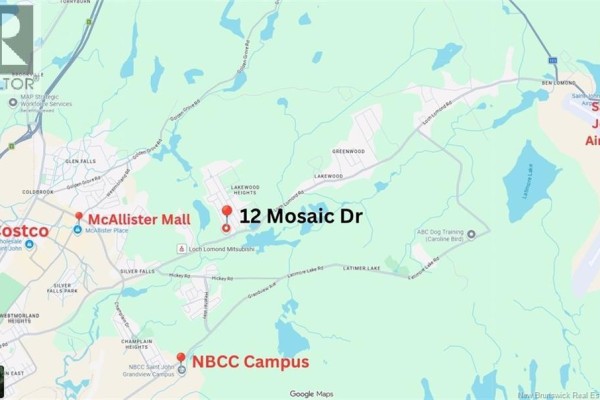Map showing the location of 12 Mosaic Drive, Saint John, near McAllister Mall and NBCC Campus. - 12 Mosaic Drive, Saint John