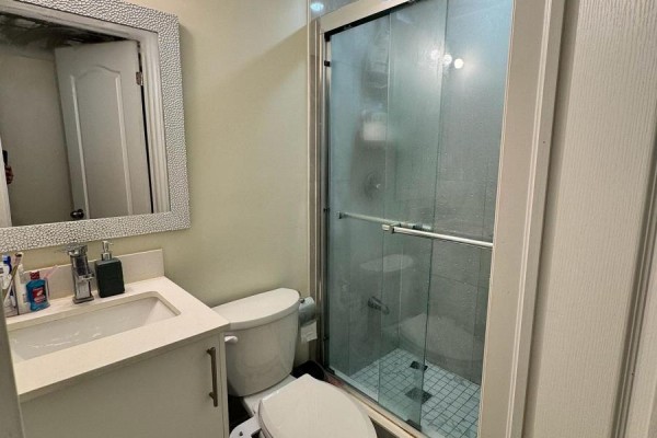 Bathroom with white vanity, sink, toilet, and a glass-enclosed shower. - 120 Viceroy Crescent, Brampton