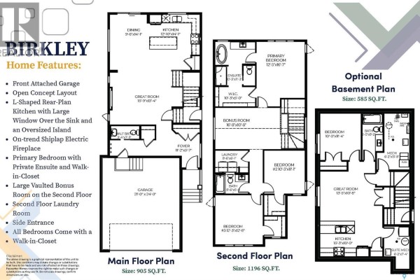 Floor plans for a main floor, second floor, and optional basement, showing room layouts and dimensions. - 1201 Camden Gardens, White City