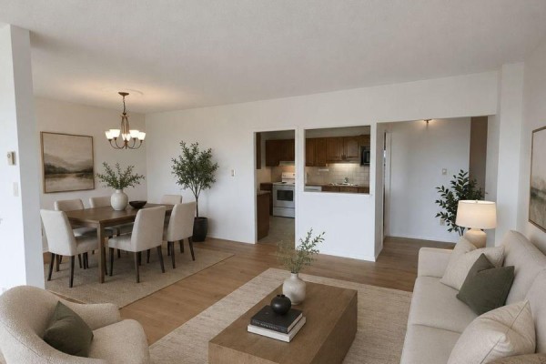 Apartment entryway with tiled floor, wooden furniture, and white door. - 1202 - 1000 King Street W, Kingston