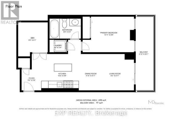 Floor plan of a one-bedroom apartment with a den, laundry, and balcony. - 1203 - 200 Bloor Street W, Toronto