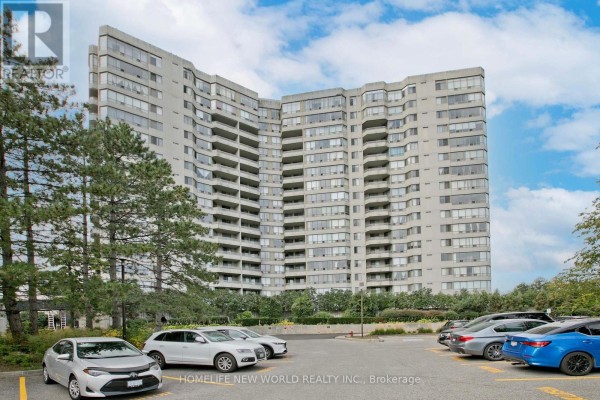 A wide shot of the apartment building from the parking lot with several cars. - 1204 - 160 Alton Towers Circle, Toronto