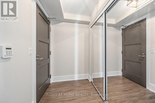 Apartment entrance hallway with grey doors, mirrored closet doors, and wood-look flooring. - 1204 - 300 Front Street W, Toronto