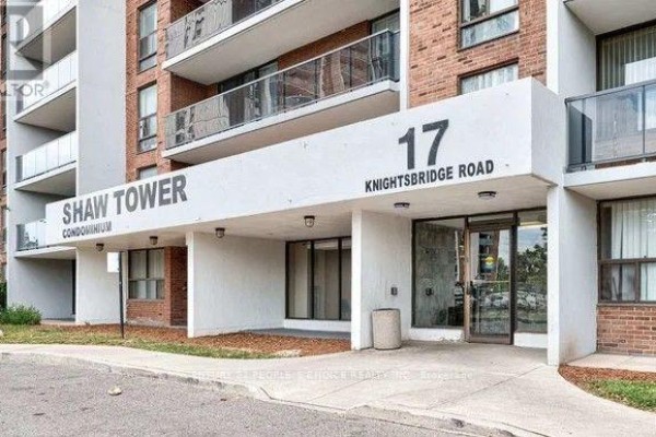 Entrance to Shaw Tower condominium building at 17 Knightsbridge Road with a covered walkway. - 1205 - 17 Knightsbridge Road, Brampton