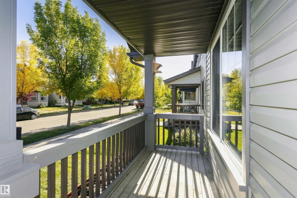 View from the porch overlooking a street with autumn trees and neighboring houses. - 12051 18 Av Sw Sw, Edmonton
