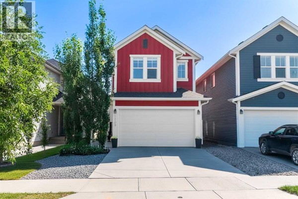 A red siding house with a white garage door and blue siding neighbor. - 1209 Copperfield Boulevard Se, Calgary