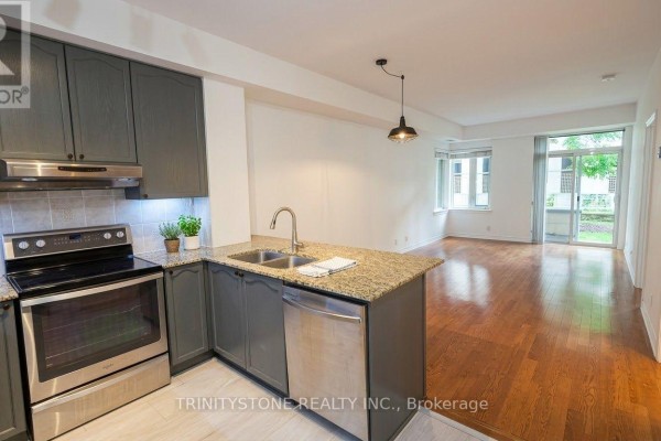 Apartment kitchen with grey cabinets and granite island, open to living area. - 121 - 205 Bolton Street, Ottawa