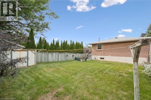 View of the backyard with a green lawn and wooden fence. - 121 Nathaniel Crescent, Kitchener