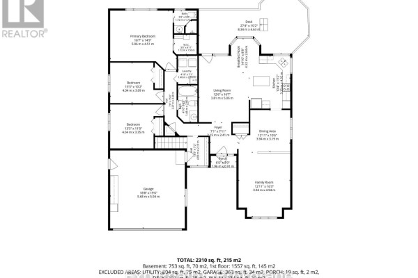 Floor plan with 3 bedrooms, living room, dining area, family room, kitchen, deck, and garage - 121 Simcoe Street Greater Napanee