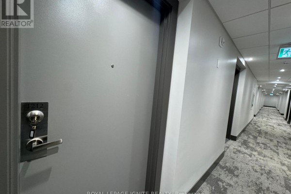 Hallway outside apartment 1212 with grey doors and grey carpet. - 1212 - 51 Clarington Boulevard, Clarington