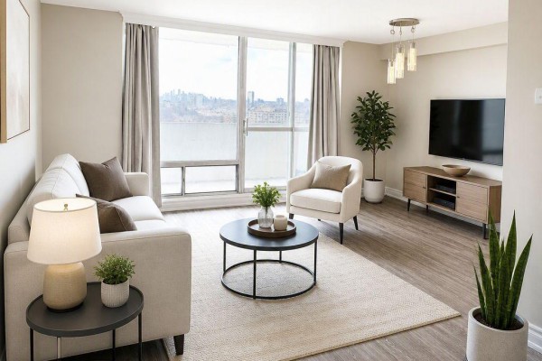 Living area with a sofa, armchair, coffee table, TV console, and large windows with city views. - 1214 - 1 Massey Square, Toronto