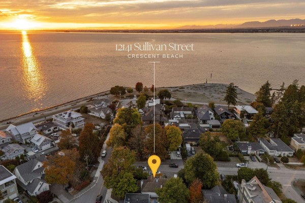 Aerial view of a residential street in Crescent Beach with the ocean in the background. - 12141 Sullivan Street, Surrey