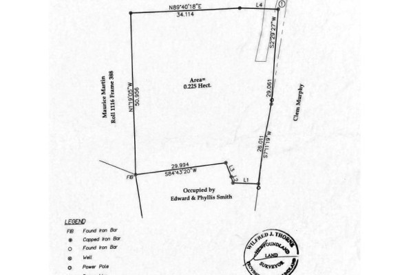 A survey plan shows lot boundaries, dimensions, area, and adjacent property owners. - 1215-1219 Main Road, Dunville
