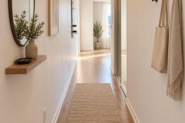 Entryway with a wooden shelf, round mirror, and a beige runner on a hardwood floor. - 1216 - 38 Joe Shuster Way, Toronto