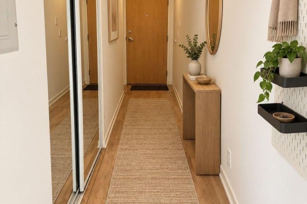 Entryway with a wooden console table, round mirror, beige runner, and black shelves on a white pegboard. - 1216 - 38 Joe Shuster Way, Toronto
