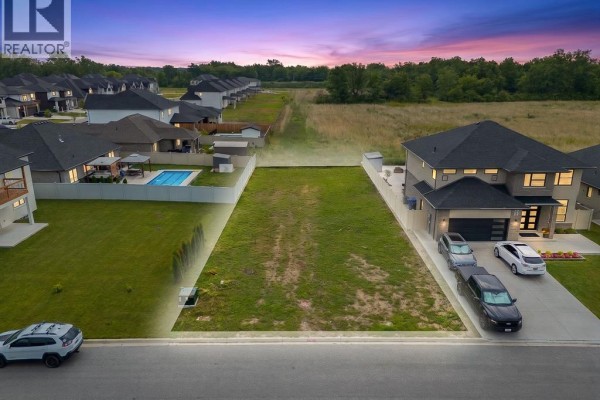Aerial view of a suburban street with houses, yards, and a pool at sunset. - 122 Davis, Amherstburg