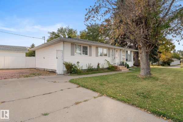 Side view of the white bungalow showing the driveway, lawn, and a large tree on the property. - 12227 58 St Nw, Edmonton