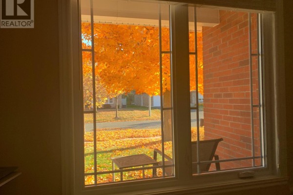 View through a window of a brick house exterior and a tree with bright orange leaves. - 1228 Innwood Avenue, Cornwall