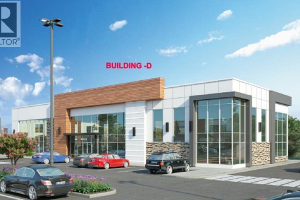Rendering of Building -D, a modern commercial building with large windows, wood accents, and stone details. - 1230, 76 Cornerstone Heights Ne, Calgary