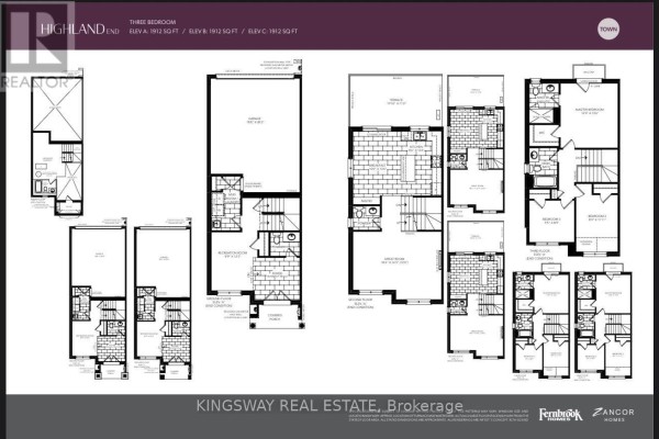 Floor plans for three-bedroom townhouses with dimensions and room layouts. - 12362 Mclaughlin Road, Caledon