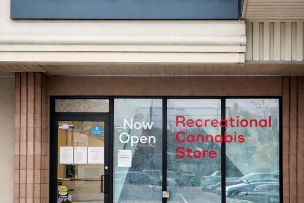 Close-up of store entrance featuring 'Now Open' and 'Recreational Cannabis Store' signs. - 1240 Commissioners Road W, London South