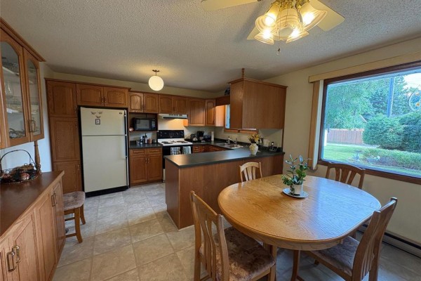 Kitchen with oak cabinets, white refrigerator, and large window overlooking a green backyard. - 125 Dunfield Avenue, Dauphin
