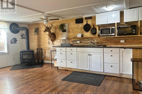 Kitchen with wood plank walls, white cabinets, a wood stove, and a mounted deer head. - 1256 Elm Tree Road, Frontenac