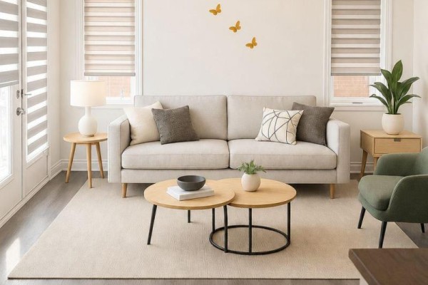 Living room with light beige sofa, two nesting coffee tables, and green armchair. - 127 Keppel Circle, Brampton