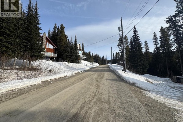 View up a paved road lined with snow and trees, showing houses on the hillside. - 127 Wapiti Creek Road, Oliver