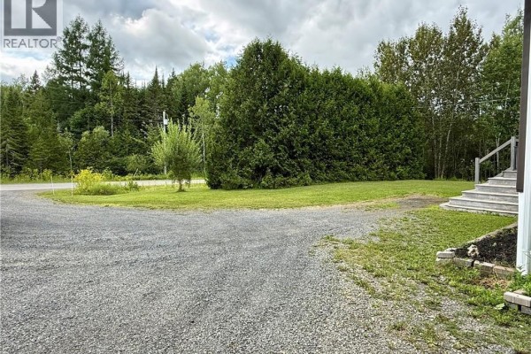 View of the property entrance, a gravel driveway curving past a manicured cedar hedge and green lawn. - 1270 Back Lake Road, New Denmark